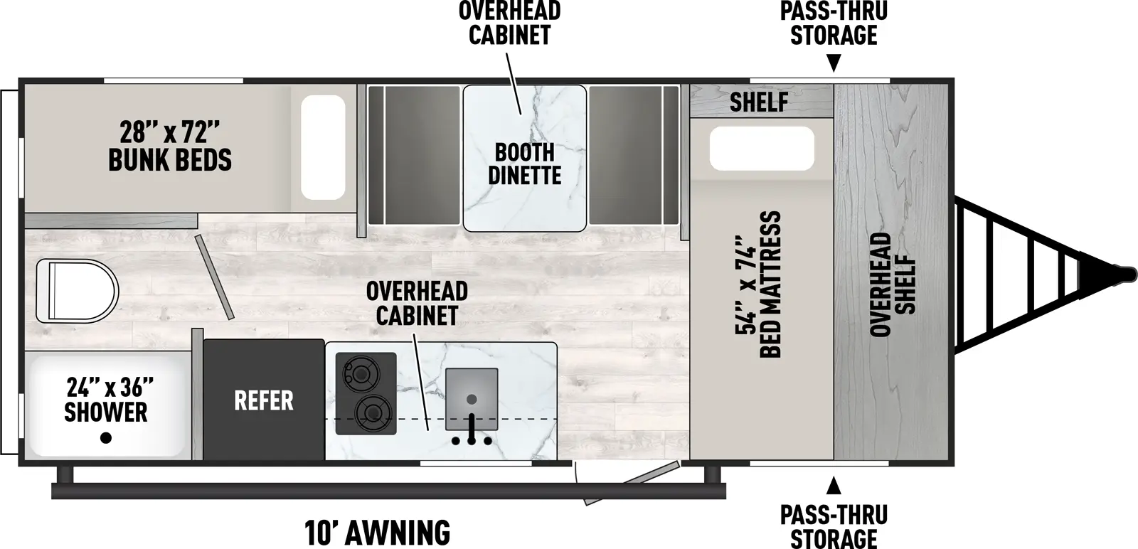 The Viking Travel Trailers 17SBH has one entry and zero slide outs. Exterior features include: metal exterior and 10' awning. Interiors features include: bunk beds and front bedroom.